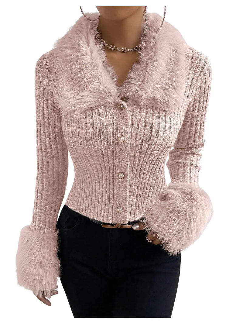 Womens Button Down Collar Long Sleeve Fuzzy Knitted Crop Cardigan Sweater