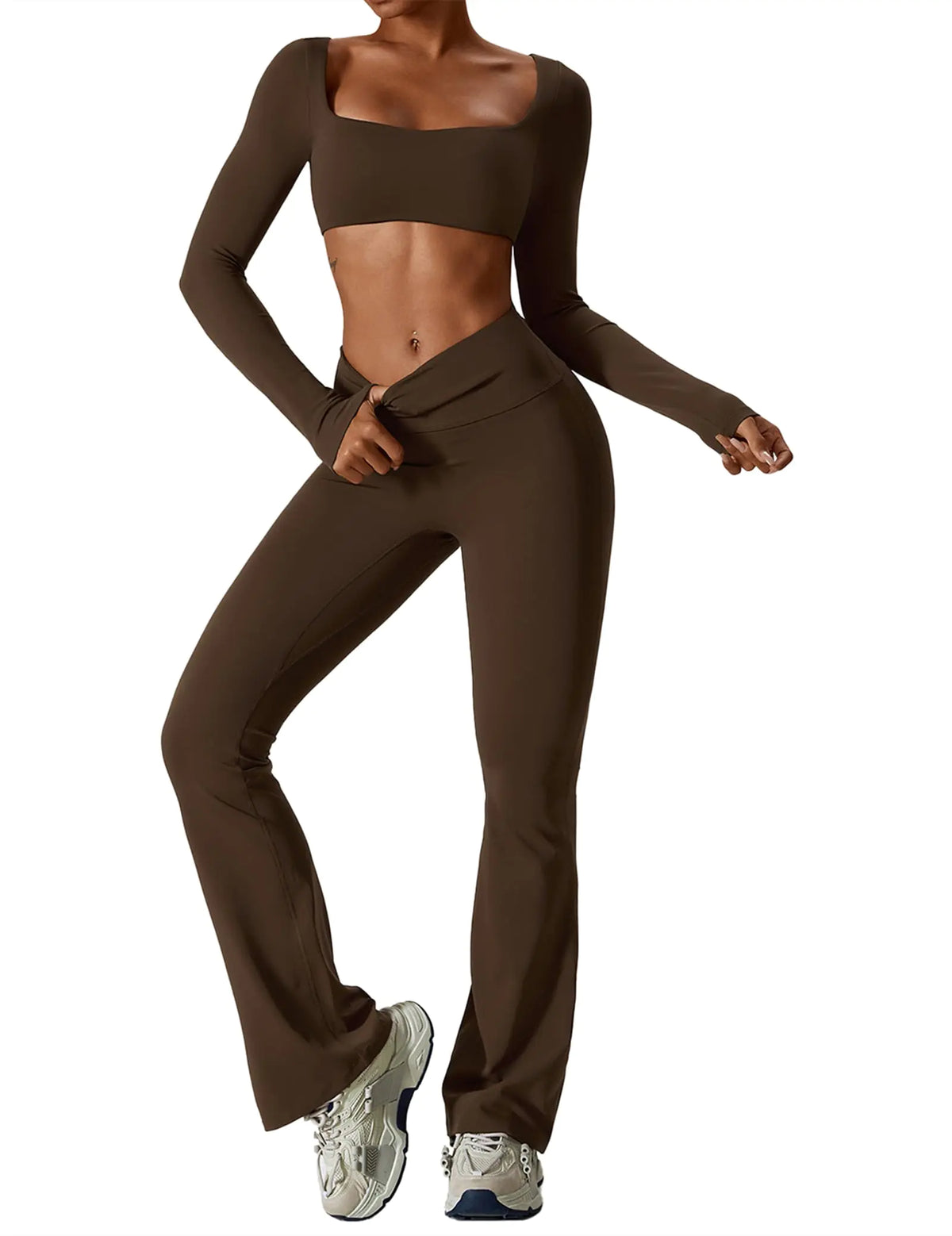 ABOCIW Workout Sets Flared Leggings Long Sleeve Crop Tops