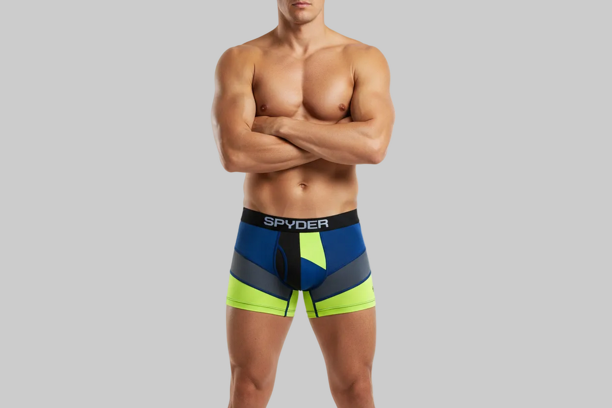 Spyder Boys Boxer Briefs Performance Underwear (Blue/Neon/Black/Grey Small) wearing the men