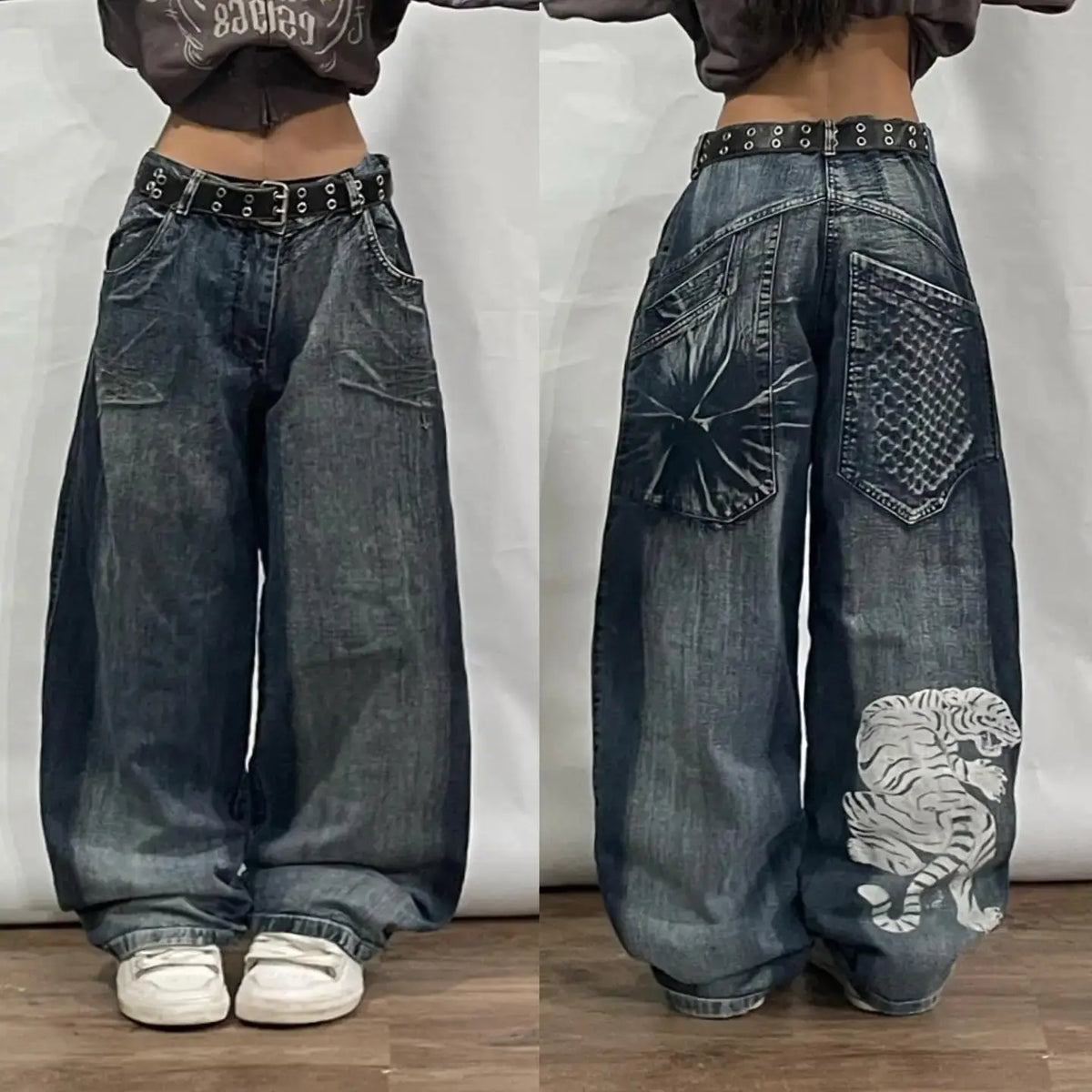 White Tiger Graphic Wide Leg Jeans