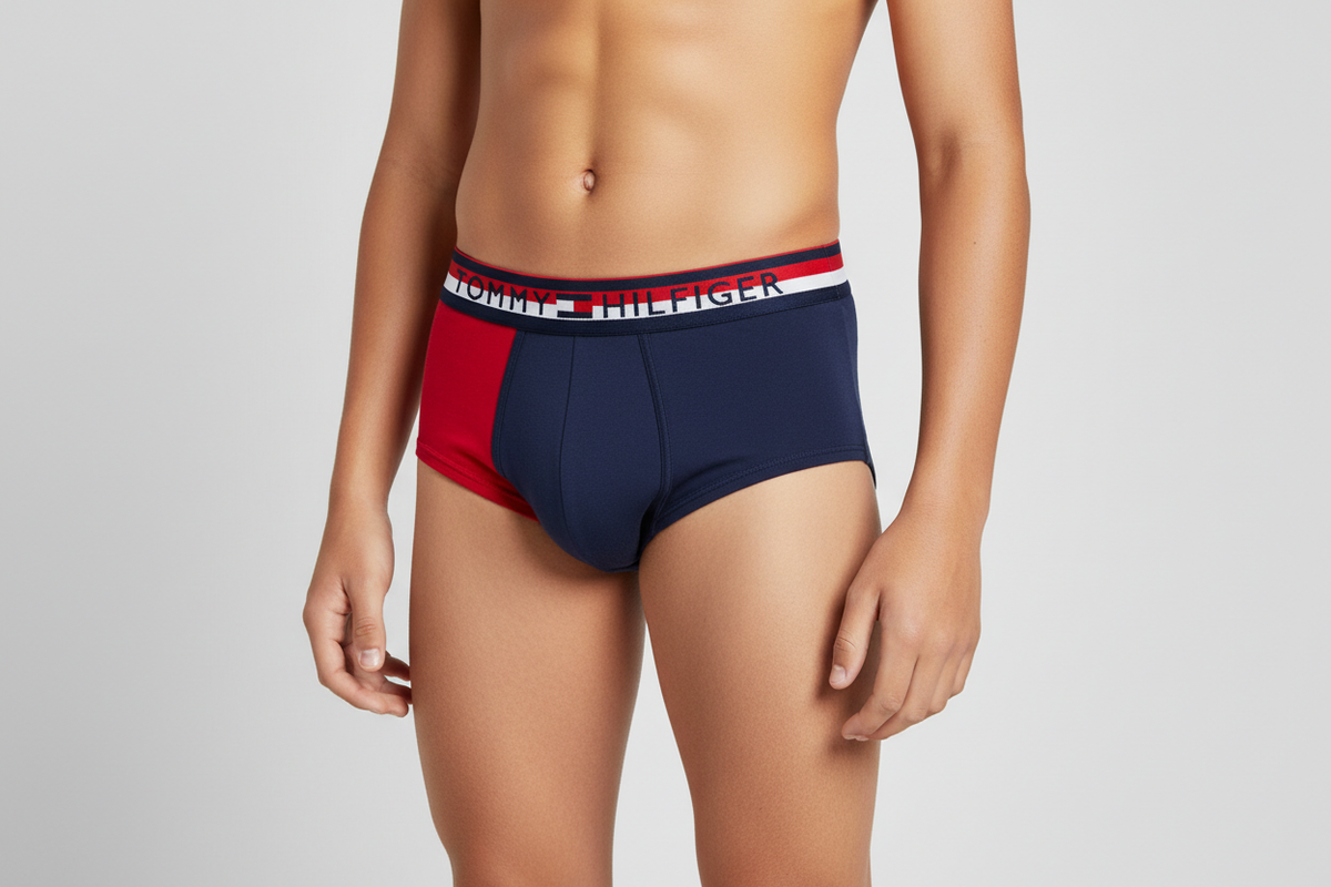 Tommy Hilfiger Boys Brief Underwear (3-Pack) Scarlet/Navy/White 16-18 wearing the men