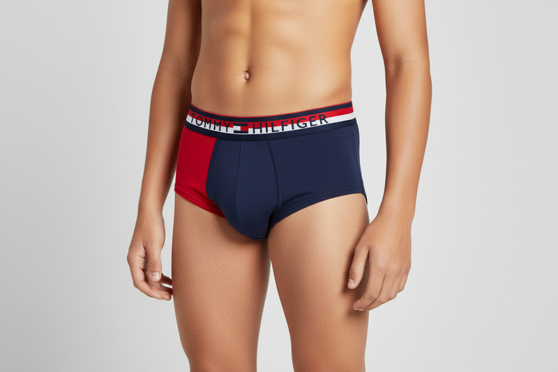 Tommy Hilfiger Boys Brief Underwear (3-Pack) Scarlet/Navy/White 16-18 wearing the men